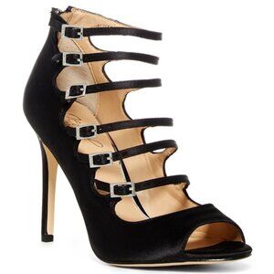 Jewel by Badgley Mischka Laurah Caged Peep Toe Pumps Black Satin